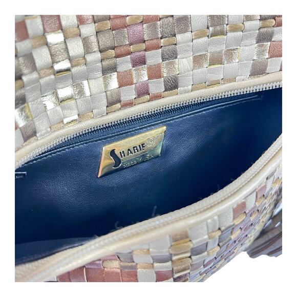 Sharif Metallic Gold Woven LEATHER HANDBAG Plaid Shoulder Crossbody Bag Tassel - Picture 7 of 13